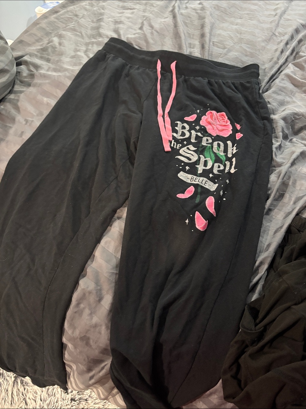 Disney Black Joggers with Pink Floral Graphic and Drawstring